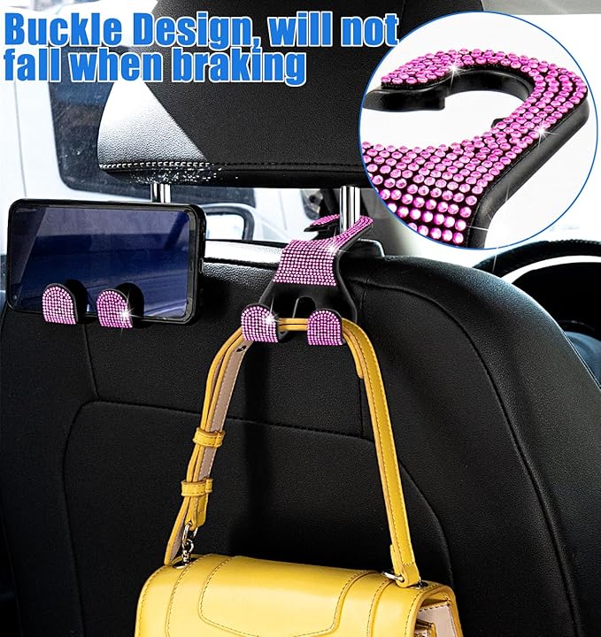 MTGOCHA Bling Car Purse Hooks 2Pcs, Durable Car Headrest Hook, Holds 44Lbs, Double-Hooks, Wide-Opening, Rhinestone Automobile Purse Hangers Holder, Bling Car Accessories for Women, Pink