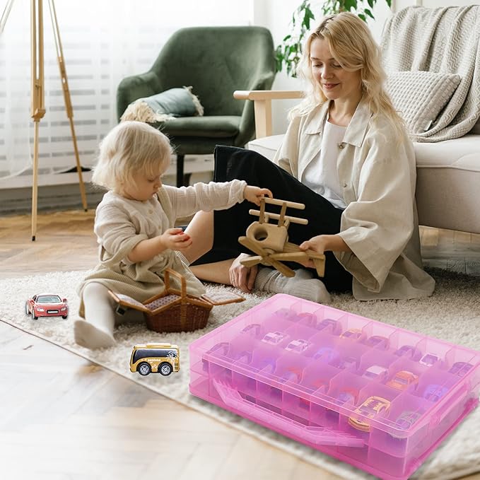 KISLANE Double Sided Toy Car Storage Case for 48 Cars, Pink, Rectangular, Plastic, Wall Mount, 13.4 x 11.8 inches