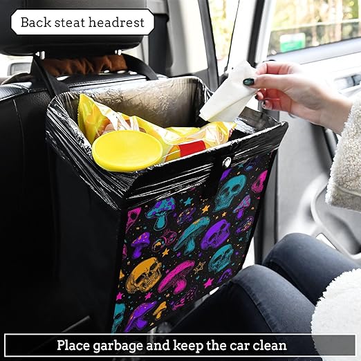 Car Trash Can Organizer Bin with Adjustable Strap for Back Front Seat Console Waterproof Leakproof Collapsible Portable 11 Inch Neon-colored Skulls Stars Mushrooms