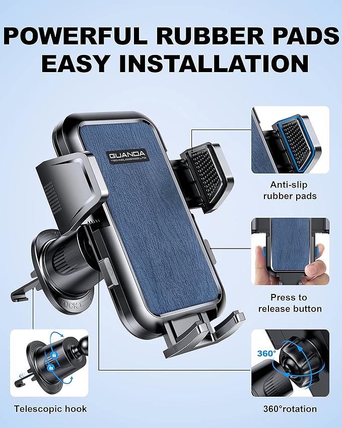 [2026 New] Car Vent Phone Mount, [Upgrade Hook Clip Never Shake] Adjustable 360 Rotation Vent Clip Car Phone Holder Mount, Big Phone & Thick Case Friendly Fit for All iPhone, Samsung & Cell Phone