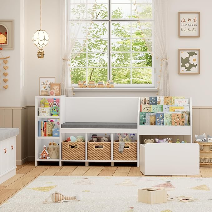 HOSTACK 67" W Kids Reading Nook with Toy Storage Organizer, Large Kids Bookshelf with Toy Storage Box on Wheels, Big Kid Bookcase with Bench and 6 Open Cubbies for Playroom, Kid Room, White