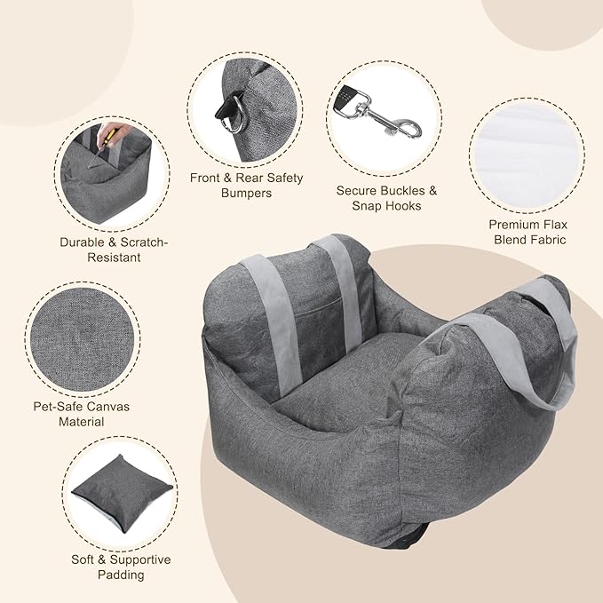 Car Seat for Small & Medium-Sized Dogs & Cats Up to 25 lbs – Cushy, Roomy, Washable, Carrier Seat with Headrest Harness, Seatbelt Anchor, Safety Leash, Storage Pockets & Thick Cushion
