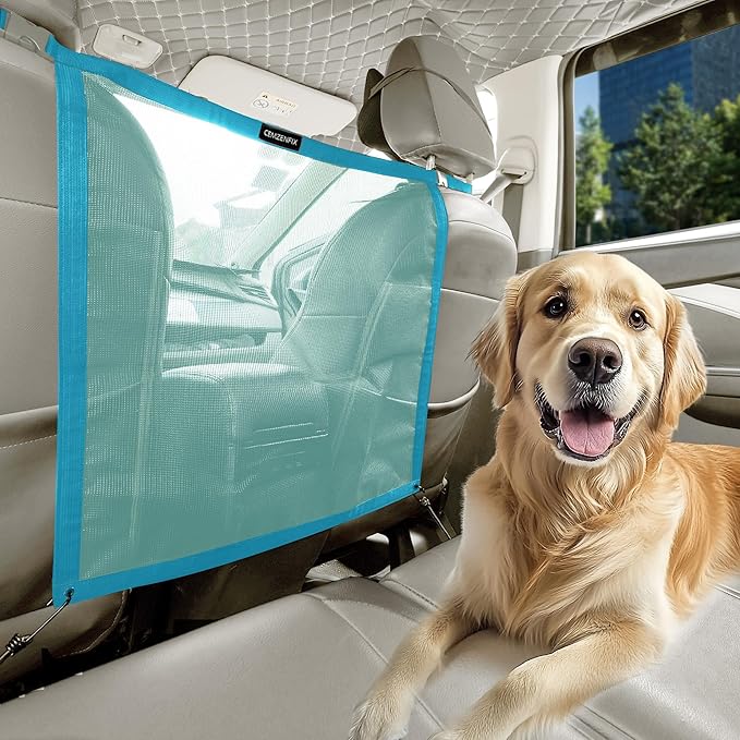 Universal Dog Car Net Barrier – Sturdy Mesh, Easy Install, Breathable Design, Easy to Clean, Flexible Bungee Cords for Adjustable Fit 23"×23" (Sky Blue)