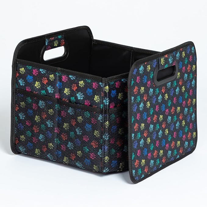 Paws Car Trunk Organizer Foldable Storage Bin with Handles Non Slip Base Pet Gear Travel Tote for SUV Truck (Confetti Paws)