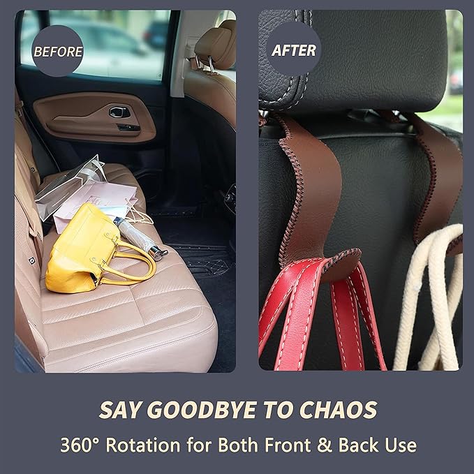 Amooca Car Seat Headrest Hook 4 Pack Metal Core Hanger Universal Car Storage Organizer for Handbag Purse Coat S Type Leather Brown