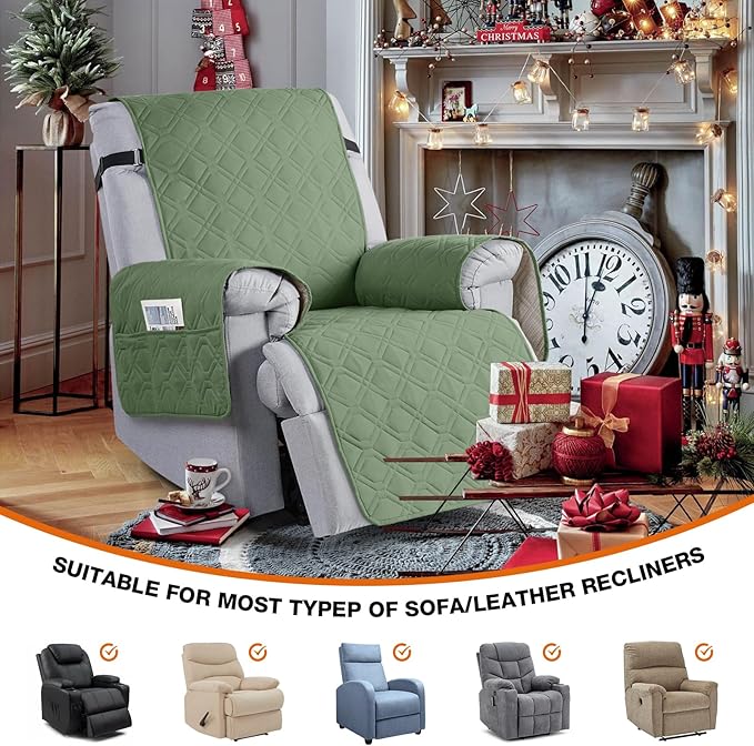 VANSOFY 100% Waterproof Recliner Chair Covers, Recliner Cover Non-Slip Dog Chair Cover Furniture Protector Washable Slipcover with Pocket, Elastic Straps for Pets, Dogs(Bean Green, 22")