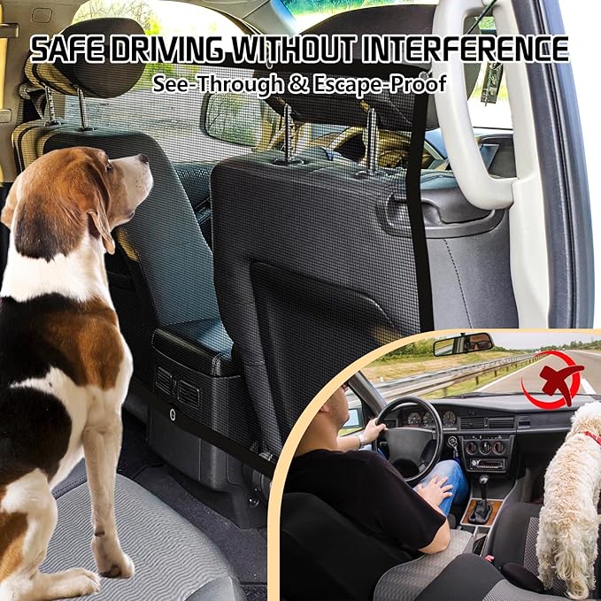 Dog Car Barrier Net,Universal Back Seat Barrier for Dogs with Adjustable Ropes & Hooks, One-Piece Mesh Divider for SUV, Pickup, Trucks, Vans