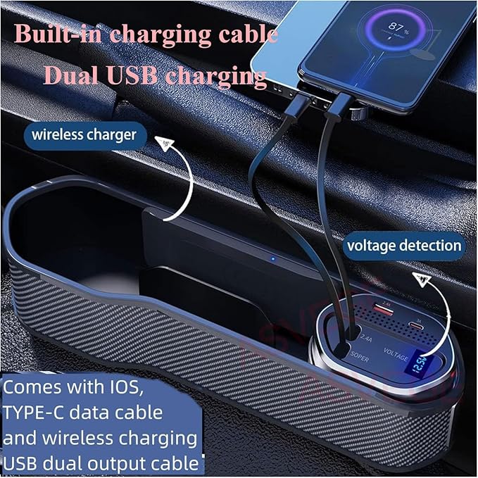 Universal Car Seat Gap Filler Organizer,Storage Box with Cup Holder Dual USB ports,2 Charging Cables and Wireless Charger,Cigarette Lighter,Car Front Seat Box for Multifunctional Car Interior Access