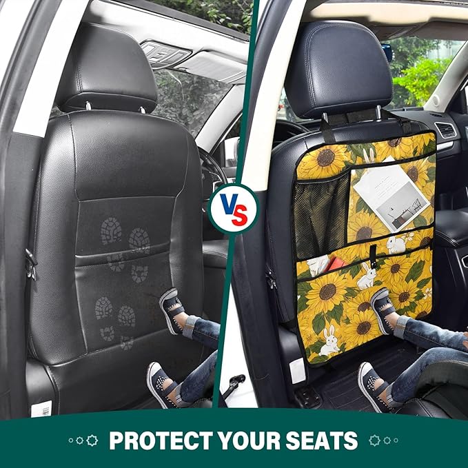 1 Pack Back Seat Car Organizer with Storage Pockets Kick Mats Back Seat Protector Hanging Car Organizer Automotive Seat Back Cover Organizers Autumn Sunflower and Cute Rabbit