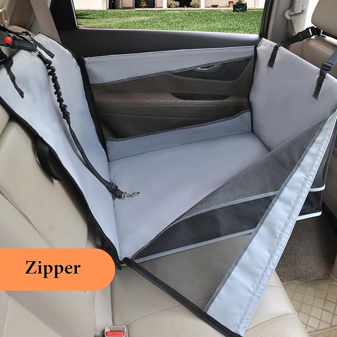 Dog Car Seat Large Medium Size Dog, Back Seat Extender for Dogs with Hard Bottom, Waterproof Fabric, Breathable Mesh Sides, Adjustable Seat Belt Leash, Carseat for Dogs with Non-Slip Bottom Grey