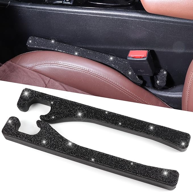 Briwill Black Seat Gap Filler Set of 2, Handmade Glitter Crystal Diamond Black Rhinestone Car Gap Filler，Black Car Accessories for Women(Black)