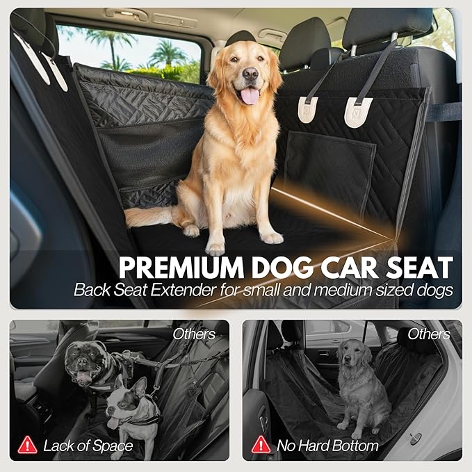Dog Car Seat Cover with Hard Bottom – Back Seat Extender for Small & Medium Dogs, Waterproof & Non-Slip Hammock, Reinforced & Stable Design with Storage Pockets for Cars, SUVs & Trucks (Black)