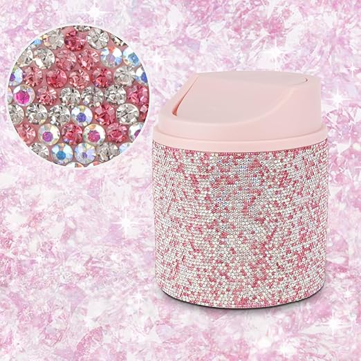 KEYPOWER Bling Rhinestone Mini Plastic Trash Can Cute Small Waste Can with Swing Lid,Suitable for Home Countertop,Car,Table Desk,Office (Pink)