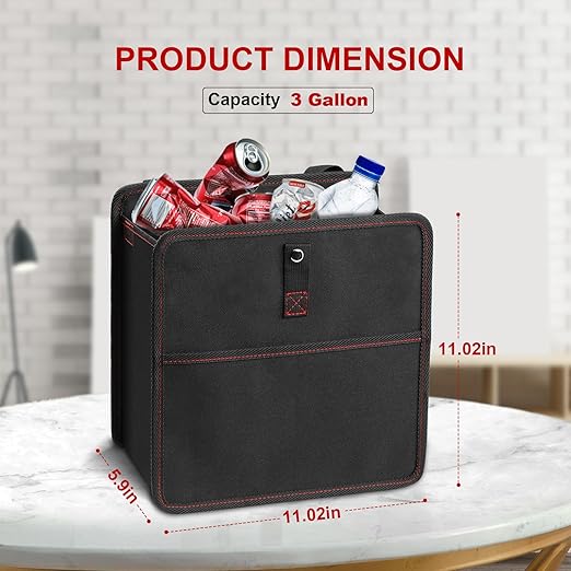 YSSOA 2 Pack 3 Gallons Foldable Car Trash Can with Adjustable Straps and Storage Pockets, Waterproof & Leakproof, Multipurpose for Car, Black