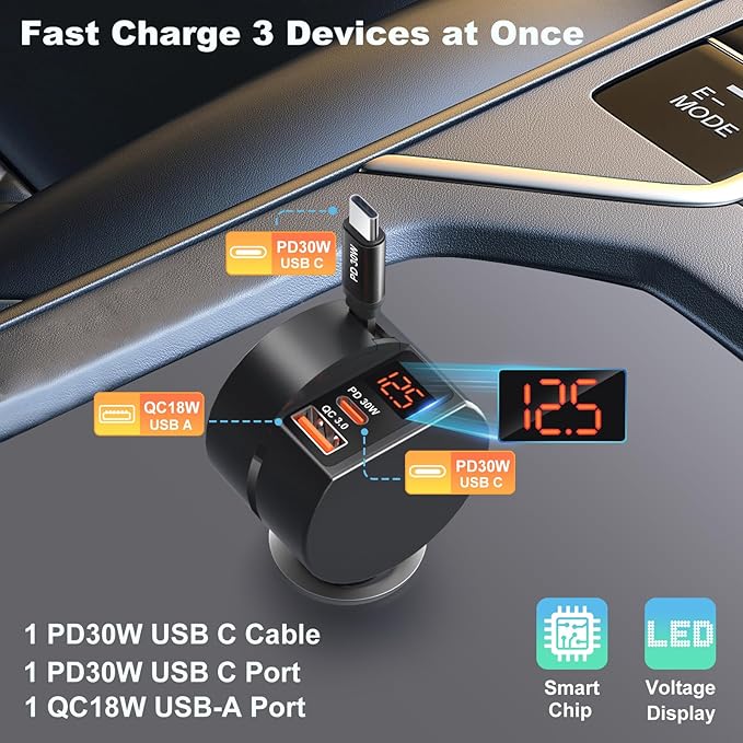 78W Retractable Car Charger USB C, OKRAY 3-Port 12v Cigarette Lighter Adapter PD30W Fast Charging Type C Car Phone Charger & Coiled USB C Cables for iPhone 17 Air 16 15 Pro, Samsung Galaxy S25 S24 A16