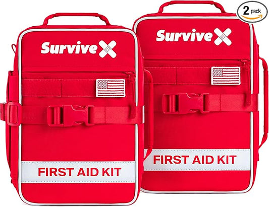 SurviveX Large First Aid Kit for Car, Travel & Home - Emergency Kit for Hiking, Camping, Backpacking and Outdoors - Includes Zip Stitch Wound Closure Strips (Pack of 2)