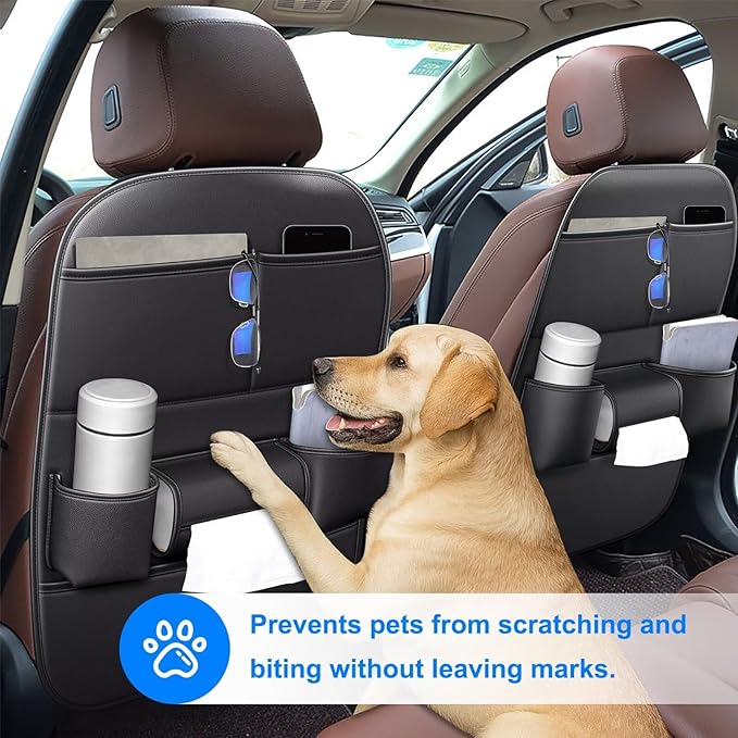 Back Seat Protector 2 Pack Fit For Toyota RAV4 Car Kick Mats with Cup & Tissue Storage Organizer Pockets Waterproof Dirt Proof Faux Leather Auto Accessories For Kids(1 Pair Black)