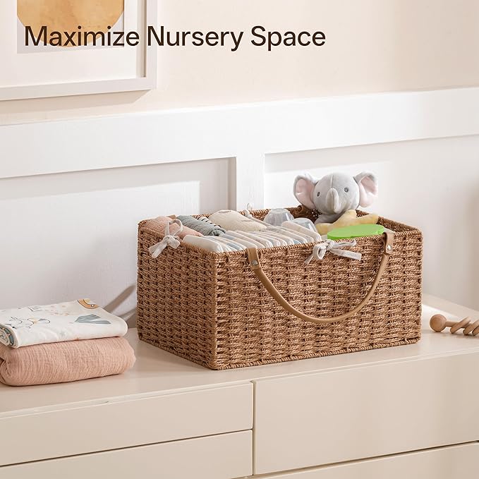 Angelhood Large Paper Rope Diaper Caddy, Baby Essentials Organizer, Portable Baby Shower Baskets Gift Bin, Car Storage Bag for Nursery