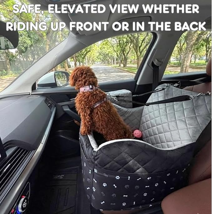 OtterPets Small Dog Car Seat, Memory Foam Dog Booster Car Seats with Thick Cushion for Medium Dogs Under 35lbs, 3Storage Pockets with Zipper, 2 Safety Belts (Black, Regular)