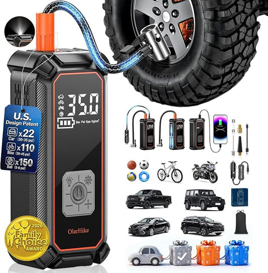 OlarHike Tire Inflator Portable Air Compressor, Battery Powered, 150PSI Dual Mode, Auto Air Pump for Car Tires, Motorcycle, Bicycle, Electric Pump with LED Light & Digital Pressure Gauge