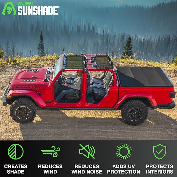 Alien Sunshade Jeep Gladiator Sun Shade Black (2018-2023) Jeep Gladiator Accessories, Front & Rear Mesh Sunshade, 4 Door Top, Reduces Wind & Noise Universal Fit