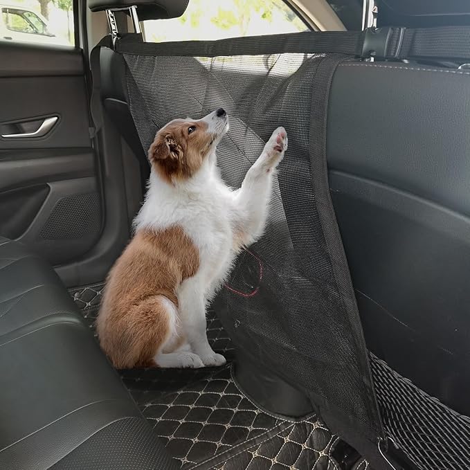Dog Car Net Barrier, Universal Fit Sturdy Mesh, Convenient for Air Conditioning, Easy to Clean & Install, Travel Dog Fence with Flexible Bungee Cords for Seat Movement 23"×23" (Black)