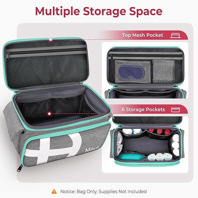 Mancro First Aid Bags Empty, Medical Travel Bag with Multi Pockets, Pill Bottle Organizer for Travel, Home Storage, Trauma Kit for EMT, Nurses, Doctor, Emergency Container for Medicine, Grey