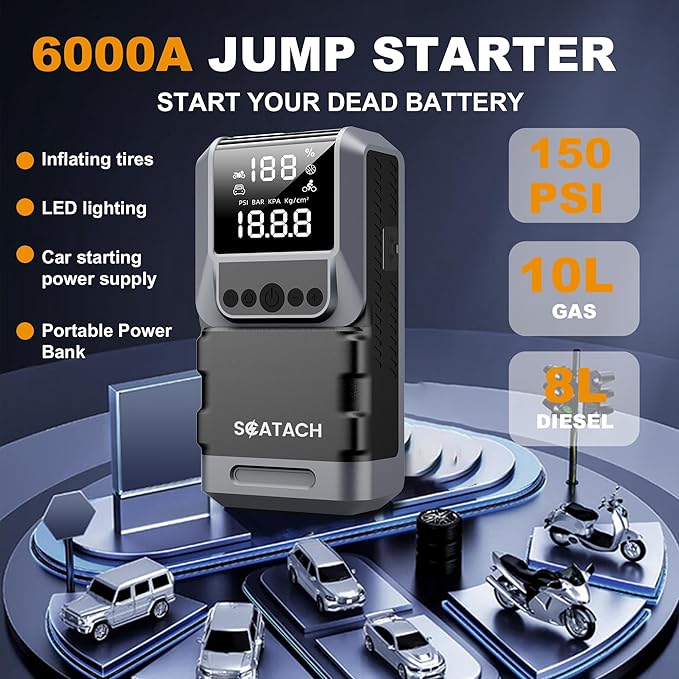 Jump Starter with Air Compressor, 6000A 150PSI Car Battery Jump Starter (10.0 Gas/8.0L Diesel) Battery Jumper Starter Portable 12V Jump Box with Jumper Cables, LED Light, LED Display