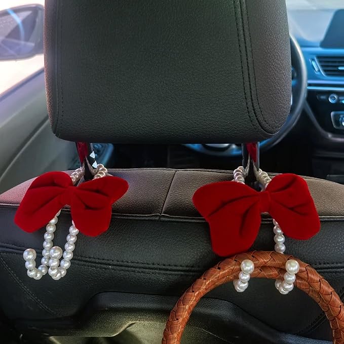 2 PCS Elegant Pearl Car Seat Headrest Hook, Cute Car Seat Hook Hanger Storage Organizer for Handbag Purse, Interior Decoration Headrest Hanger for Women (2PCS Red Bow)