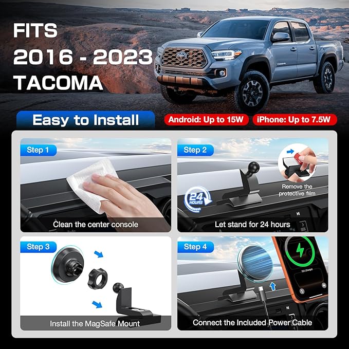 Magnetic Phone Mount with 15W Fast Charging for Toyota Tacoma 2016–2023, 22 Strong Magnets, Rock-Solid Hold on Rough Roads
