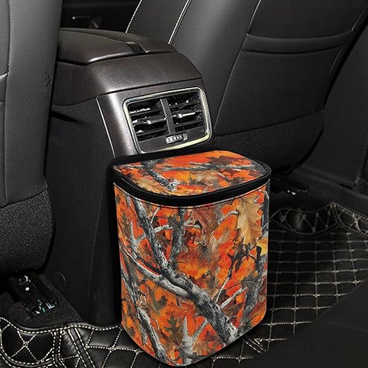 Orange Camo Hunting Forest Car Trash Can Leak-Proof Car Trash Bin Collapsible Portable Auto Garbage Bag Large Capacity Trashcan Storage Bag