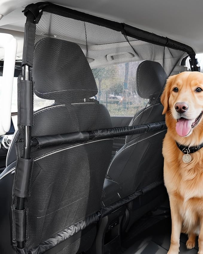 VEVOR Dog Car Barrier, 50" Wide Car Divider for Front Seats Installation, Vehicle Pet Barrier with See Through Net Mesh, Universal-Fit Dog Car Barrier for Mid-Sized Sedans, Trucks, and SUVs, Black