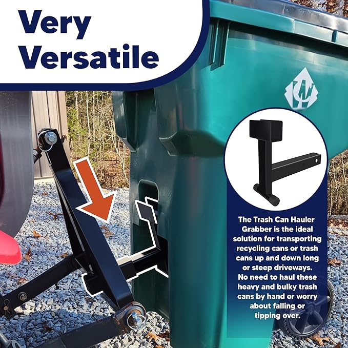 Trash Can Hauler Grabber with 2 inch Hitch Reciever, Garbage Hauling Towing Hitch Attachment on Lawnmower Three Point Hitch Fit for Lawn Mower Garden Tractors
