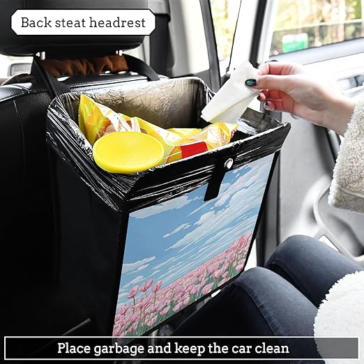 Car Trash Can Organizer Bin with Adjustable Strap for Back Front Seat Console Waterproof Leakproof Collapsible Portable 8.66 Inch Pink Tulip Field and Blue Sky