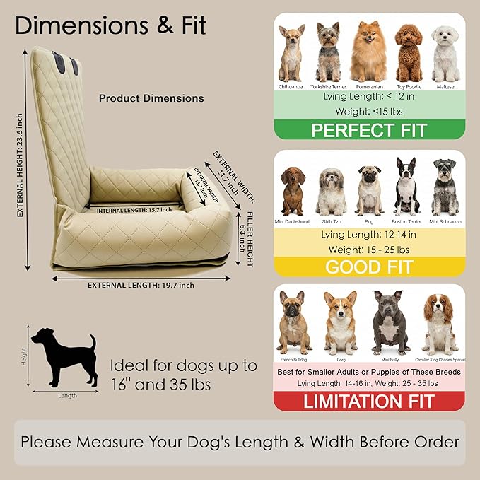 Microfiber Leather Dog Car Seat for Small & Medium Dogs, Waterproof Pet Car Seat with Washable Pee Pad, Scratch & Fur Resistant, Foldable Dog Bed for Home & Travel, Non-Slip Design, Matte Beige