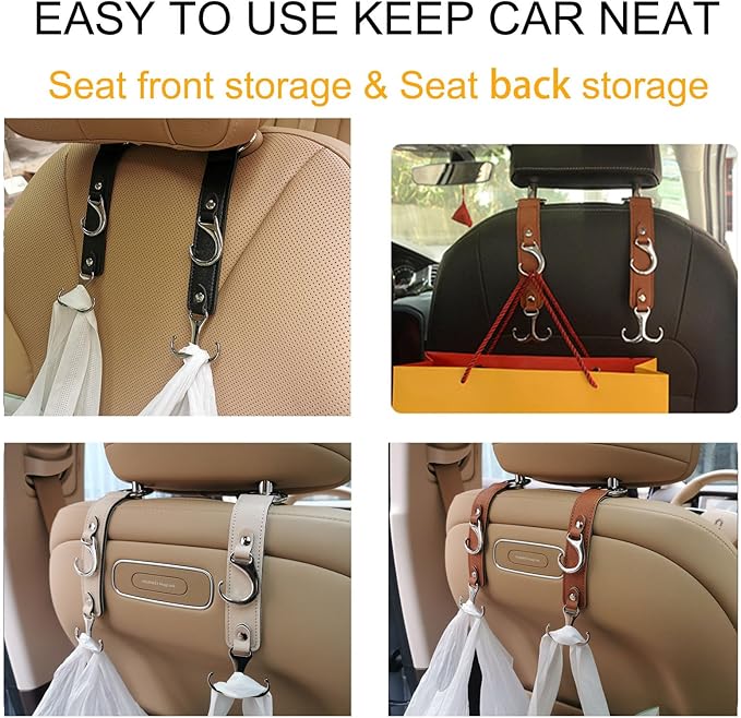 Car Purse Hook for Men Women-Upgraded 3 in 1 Stronger Superior Leather Car Purse Holder Vehicle Seat Headrest Hanger Hooks for Grocery Bag Coats Umbrellas Handbag Car Hooks Car Accessories Interior