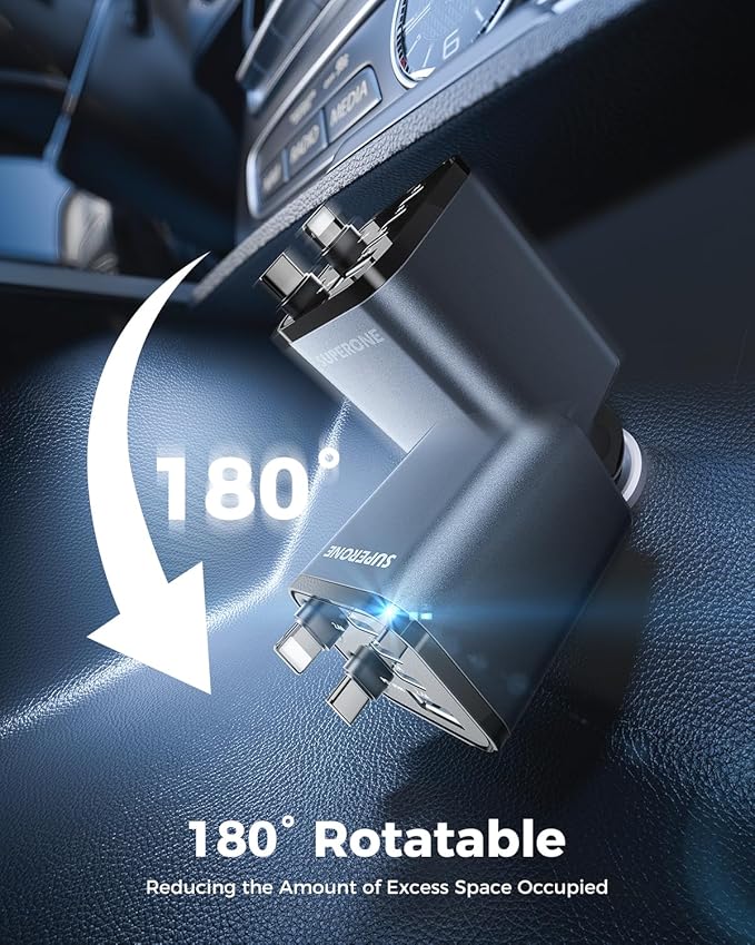 Upgraded SUPERONE Retractable Car Charger, [Ultra-Compact] 6-Port Car Charger USB C, iPhone Car Chargers Fast Charging with USB C & Apple Cable, Car Charger Adapter for iPhone 17/16/15/14/13/12