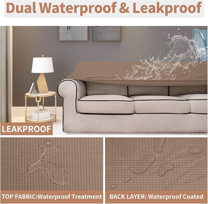 Easy-Going 100% Waterproof Oversized Loveseat Couch Cover, Dual Waterproof Sofa Cover, Stretch Jacquard Sofa Slipcover, Leakproof Furniture Protector for Kids, Pets, Dog and Cat, Camel