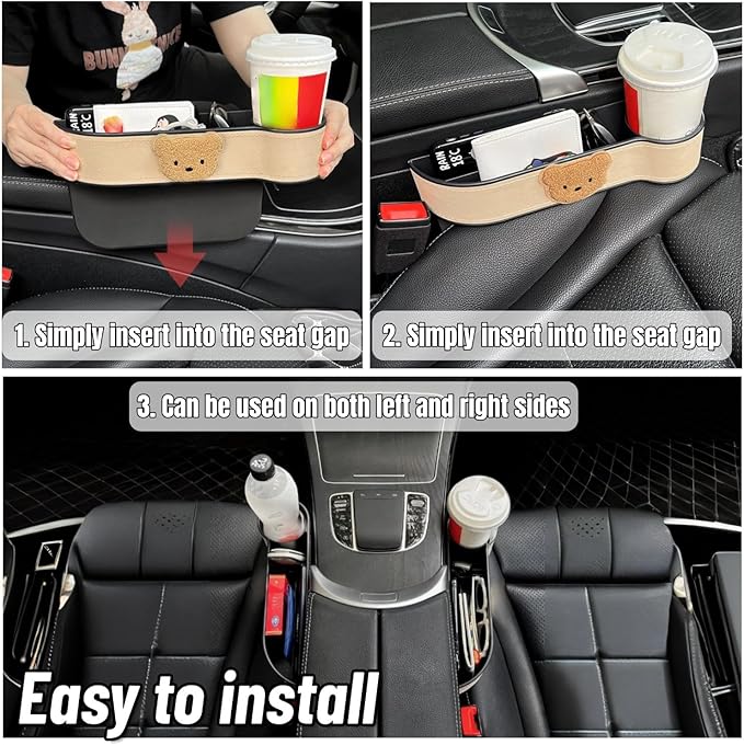 2 Pack Leather Cup Holder for Car Seat Gap Organizer Cute Bear Multifunctional Car Seat Storage Box for Mug Phone Keys Pink