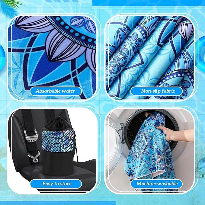 Hahafelt 2 Pack Car Seat Towel Covers with Storage Bag 63 x 32 Inch Athletic Running Towel Seat Sweat Washable Non Slip Cover Gift for Car Outdoor Sport Activities (Blue Mandala)