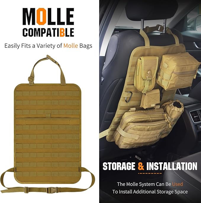 IronSeals 2 Pack Car Seat Back Organizer, Tactical Molle Panel Sag Proof Vehicle Seat Cover Protector Nylon Car Seat Back Hanger Bag Pad
