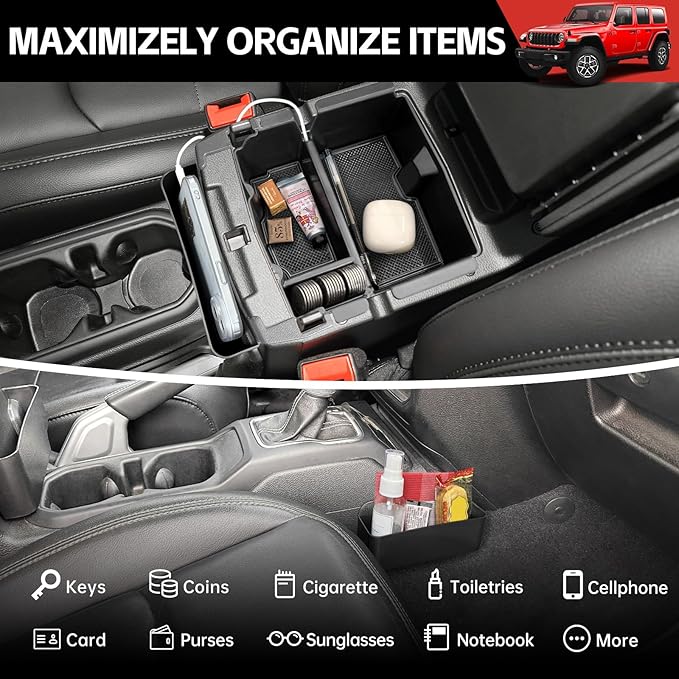 Center Console Organizer for 2024 2025 Jeep Wrangler JL JLU 4XE/Gladiator JT Gear Shift Console Side Tray GrabTray Passenger Hanging Armrest Storage Box for Wrangler&Gladiator(24+ 4-piece)