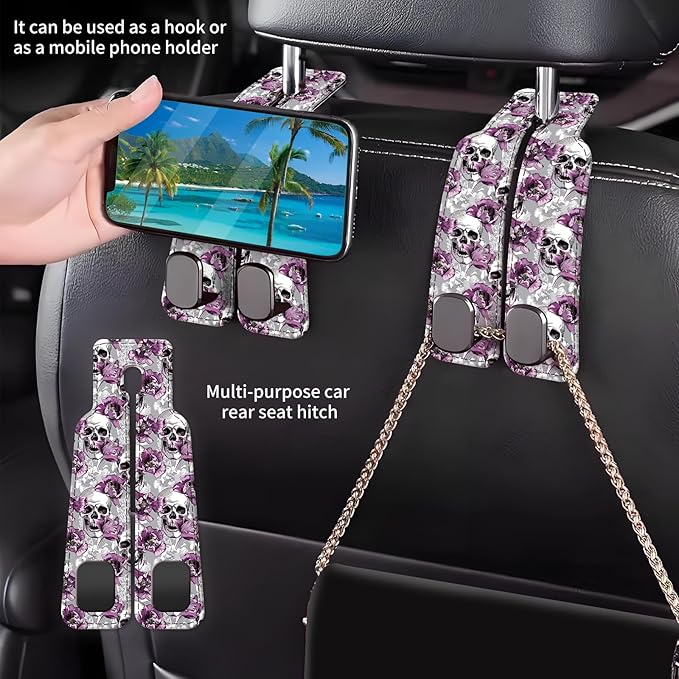 Car Seat Back Storage Headrest Hook, Premium Leather Double Metal Hook, Hanger Storage Organizer for Purse Cloth Bag, Car Interior Accessories Funny Skull Flower