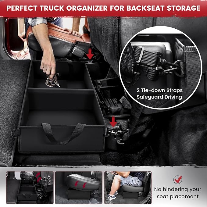 Under Seat Truck Organizer Storage Box with 1 Removable Divider & 5 Storage Mesh Bag, Collapsible Trunk Organizer for Car, SUV, Truck, or Van(Full Size Trucks) Two large storage compartments