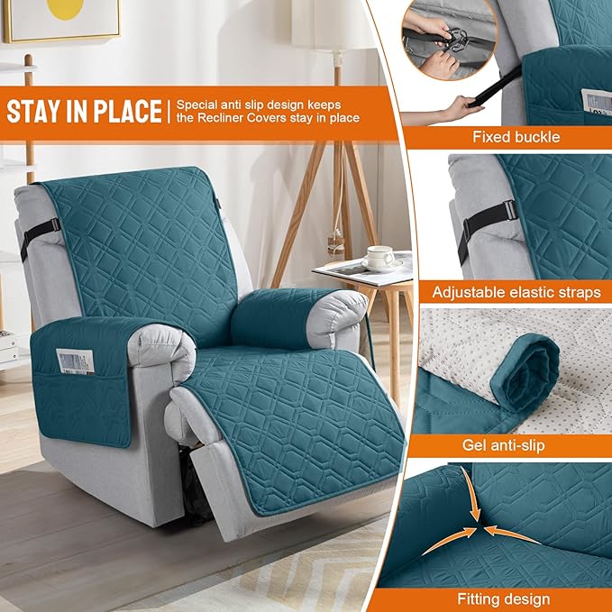VANSOFY 100% Waterproof Recliner Chair Covers, Recliner Cover Non-Slip Dog Chair Cover Furniture Protector Washable Slipcover with Pocket, Elastic Straps for Pets, Dogs(Peacock Blue, 22")
