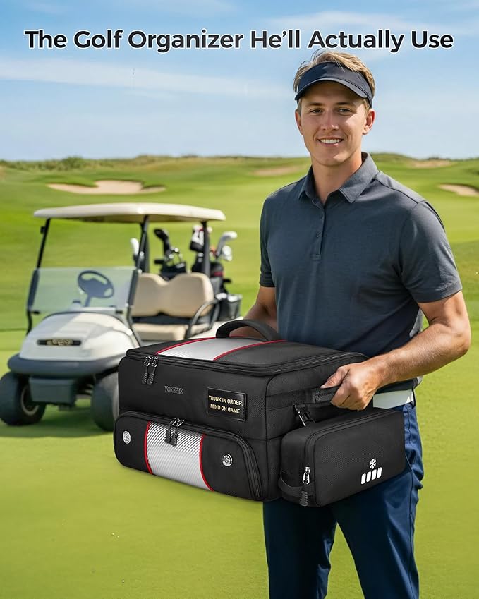YOREPEK Upgraded Golf Trunk Organizer, Golf Gifts for Men, with Removable Insulated Pouch&Dust-Proof Protective Layer, Multi-Compartment fits 2 Pairs of Shoes, Golf Accessories