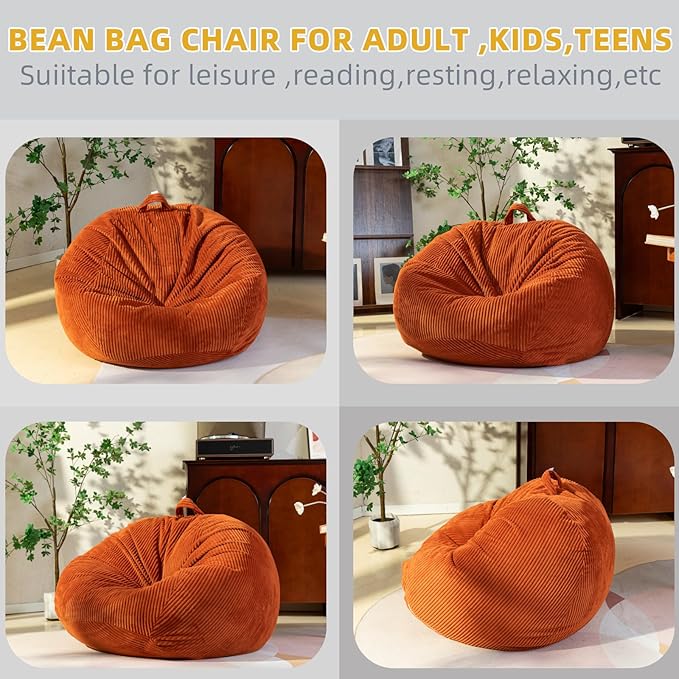 ZhenLives Stuffed Animal Storage Bean Bag Chair Cover, Cover Only (No Filler), Corduroy Toy Organizer Floor Cushion Seat, 48 in/120 cm Slipcover for Teens & Adults,Green