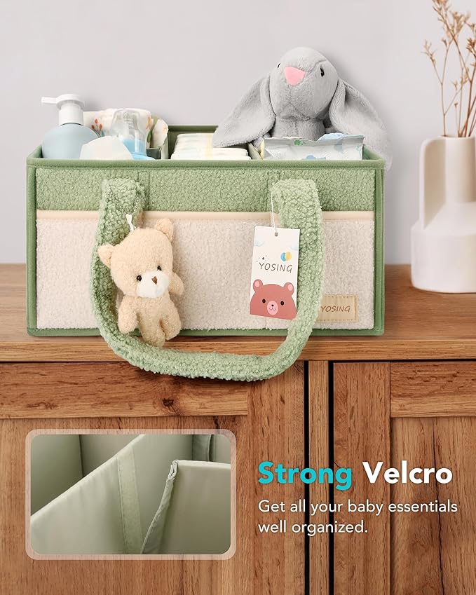 YOSING Diaper Caddy Organizer with 13 Pockets & Removable Dividers - Portable Baby Storage Basket for Nursery, Car Travel & Newborn Essentials, Green+ White