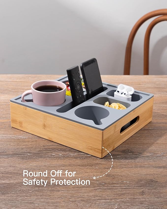 Couch Cup Holder with Lid, Silicone Bed Caddy with Cup Holder, Bed Organizer for Drinks, Snacks, Remotes, Bamboo Couch Caddy for Sofa, Bed and Car(Dark Grey)