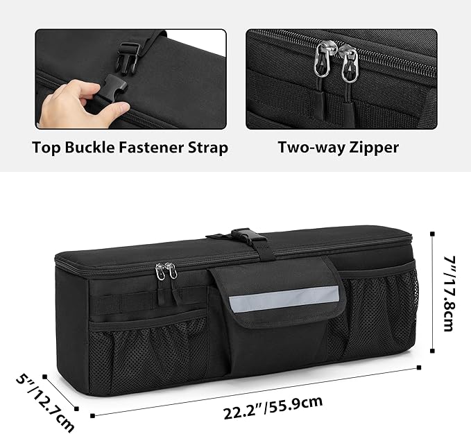Car Trunk Organizer Compatible with Toyota FJ Cruiser 2007-2021, Rear Storage Bag with 3 Pieces of 1.5” Wide Hook&Loop Tapes, 2 Adjustable Hanging Loops, Multiple Pockets, Black